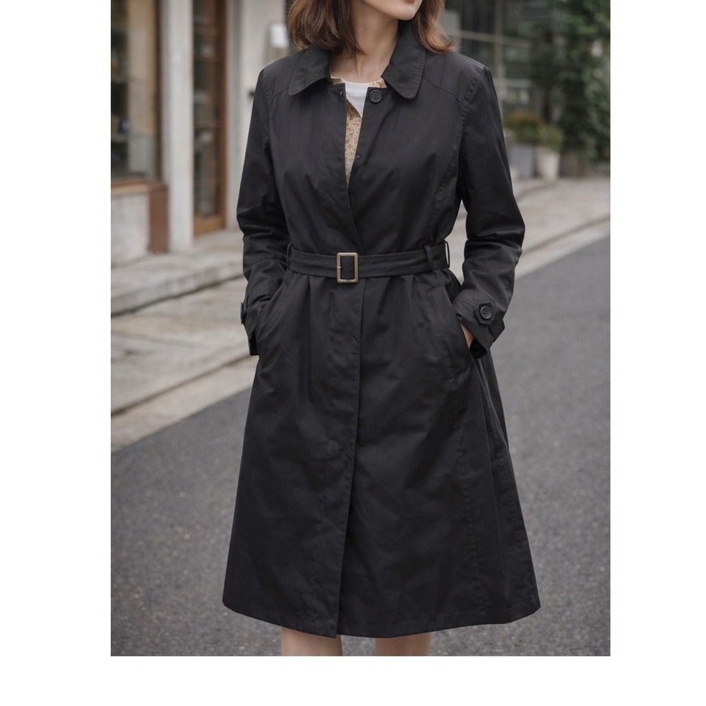 Weather Tamer‎ Trench Coat Women Large Black Belted Mid Length Rain Jacket L